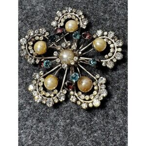 Vintage Sonia Lee Sterling Silver Rhinestone Faux Pearl Floral Starburst Brooch